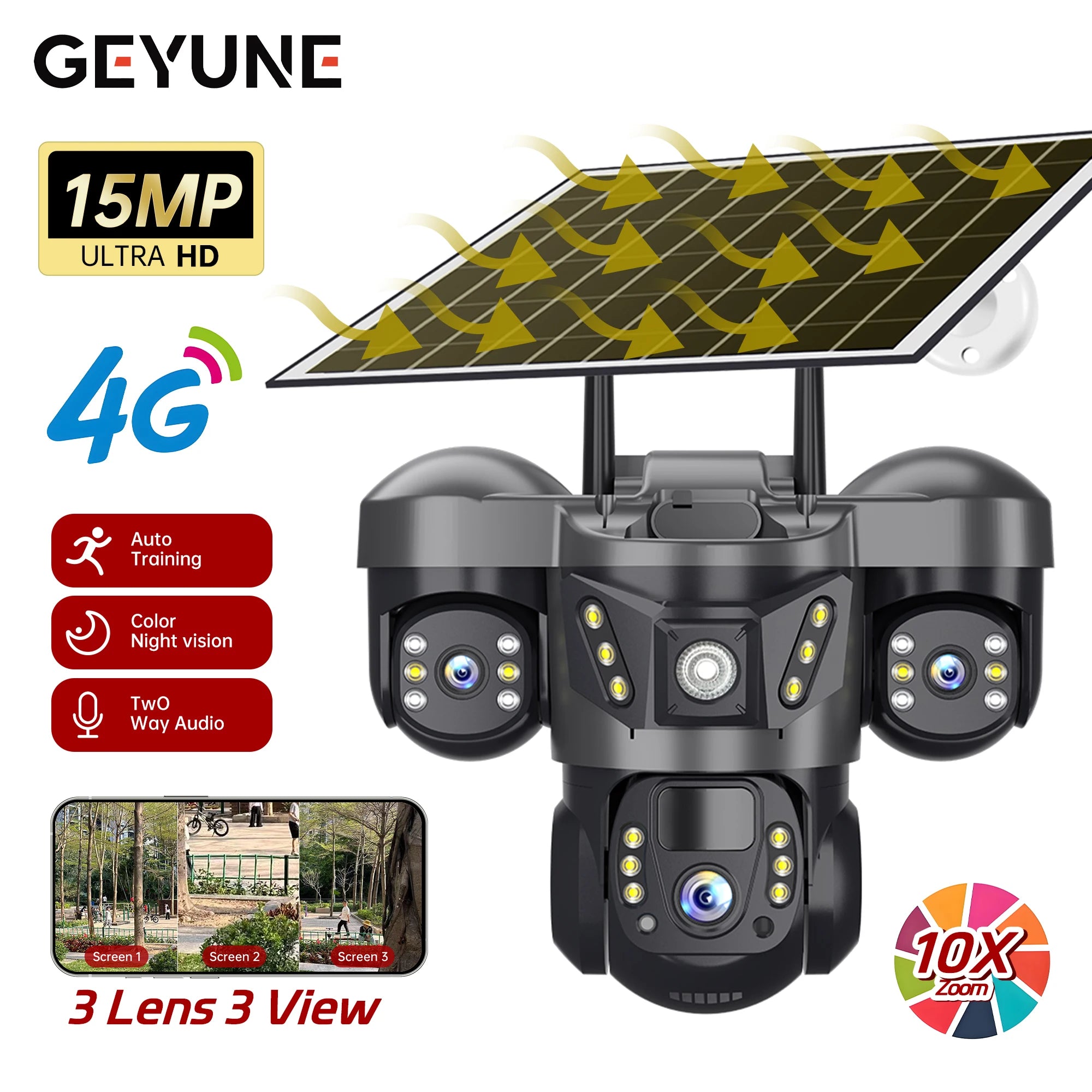 3 Lens 4G Solar Camera HD 15MP 8K Outdoor PTZ Waterproof Night Vision Two-Way Audio V380 Camera Mobile Tracking CCTV IP Camera